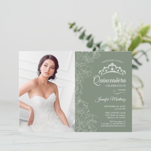 Quinceanera Party Met Foto - Sage Groene Bloemen Kaart (Staand voorkant)
