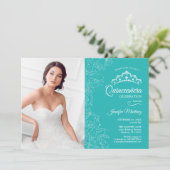 Quinceanera Party Met Foto - Turquoise Bloemen Kaart (Staand voorkant)