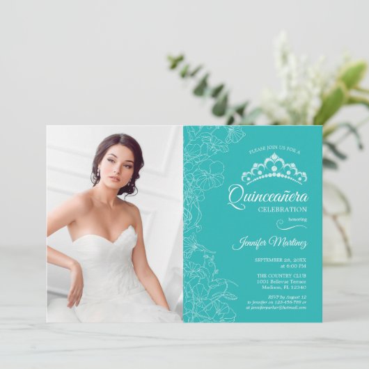 Quinceanera Party Met Foto - Turquoise Bloemen Kaart (Staand voorkant)