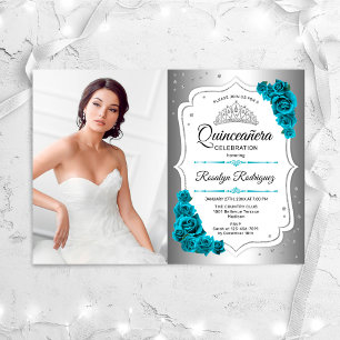 Quinceanera Party Met Foto - Zilver Blauwgroen Wit Kaart