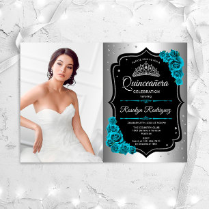 Quinceanera Party Met Foto - Zilver Zwart Blauwgro Kaart