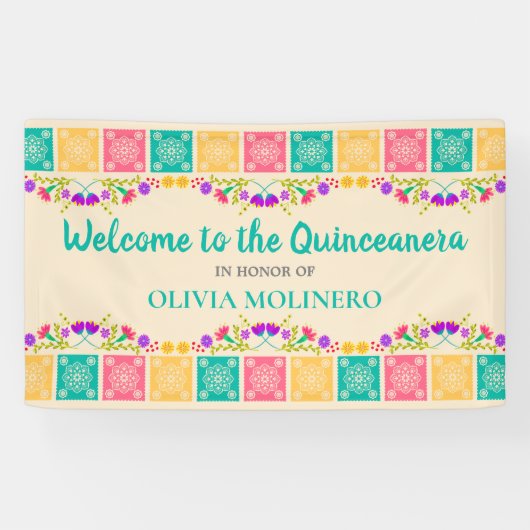Quinceanera Party Mexican Fiesta Floral Welcome Spandoek (Horizontaal)