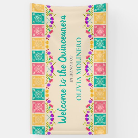 Quinceanera Party Mexican Fiesta Floral Welcome Spandoek (Verticaal)