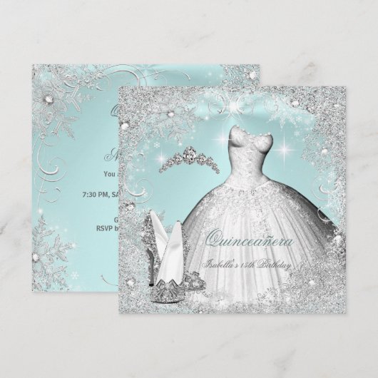 Quinceanera Party Mint Blue Silver Snowflakes Kaart (Voorkant / Achterkant)