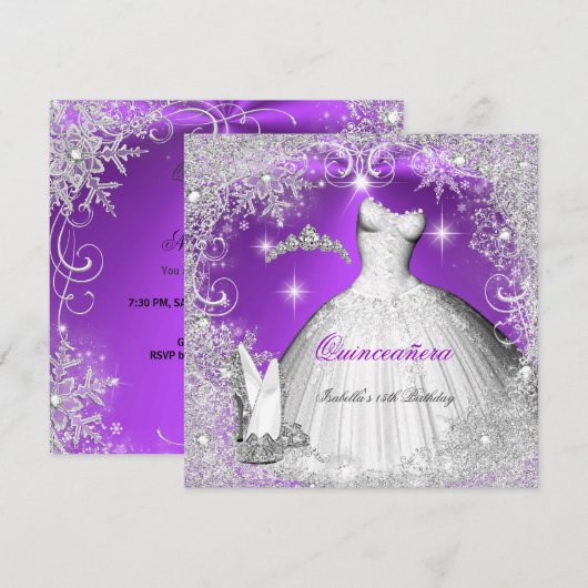 Quinceanera Party Paarse Silver Winter Snowflakes Kaart (Voorkant / Achterkant)
