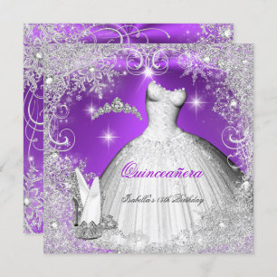 Quinceanera Party Paarse Silver Winter Snowflakes Kaart