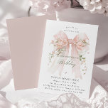 Quinceanera Party Pink Coquette Bow Rose Floral Kaart<br><div class="desc">A large blush pink coquette bow is decorated with elegant pink roses on this birthday invitation. Classic script calligraphy lets your guests know it's a milestone birthday. Easy to personalize with your party details.</div>