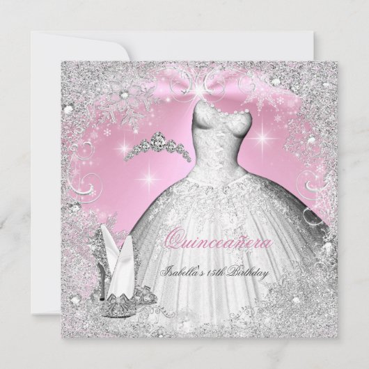 Quinceanera Party Pink Silver Winter Snowflakes Kaart (Voorkant)