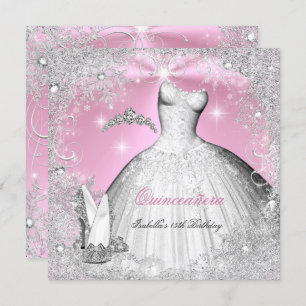 Quinceanera Party Pink Silver Winter Snowflakes Kaart
