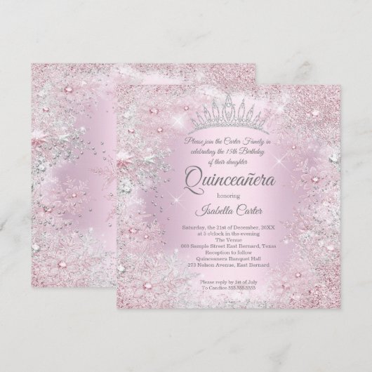 Quinceanera Party Pink Silver Winter Wonderland Kaart (Voorkant / Achterkant)