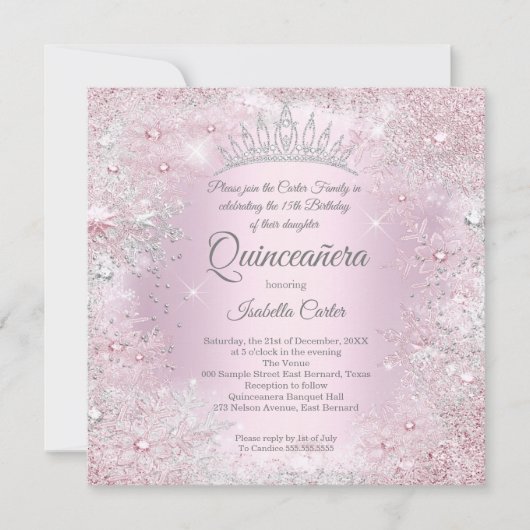 Quinceanera Party Pink Silver Winter Wonderland Kaart (Voorkant)