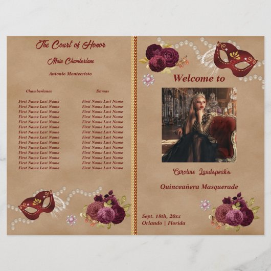 Quinceañera Party-programma Rode Maskerade Masker (Voorkant)