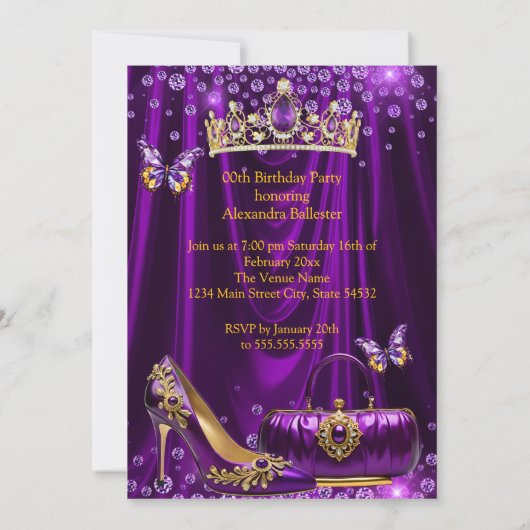 Quinceanera party Purple Tiara High heel gold Kaart (Achterkant)