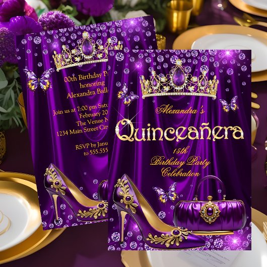 Quinceanera party Purple Tiara High heel gold Kaart