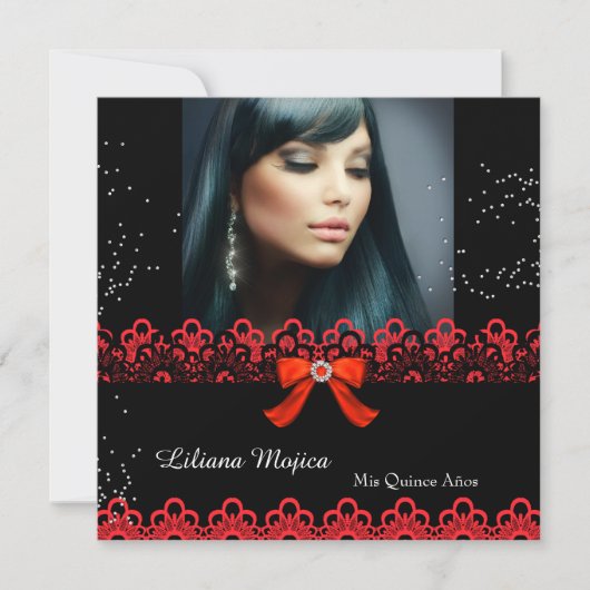 Quinceanera Party Red Lace Jewel Bow 2 Kaart (Voorkant)