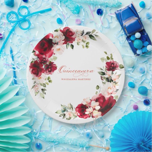 Quinceanera Party Rood Roze Bloemen Custom Papier Papieren Bordje (Feest)