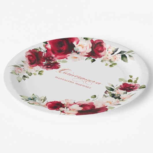 Quinceanera Party Rood Roze Bloemen Custom Papier Papieren Bordje (Gekanteld)