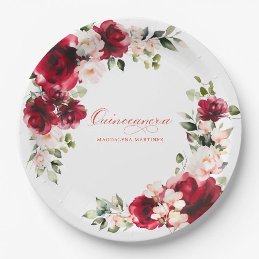 Quinceanera Party Rood Roze Bloemen Custom Papier Papieren Bordje (Voorkant)
