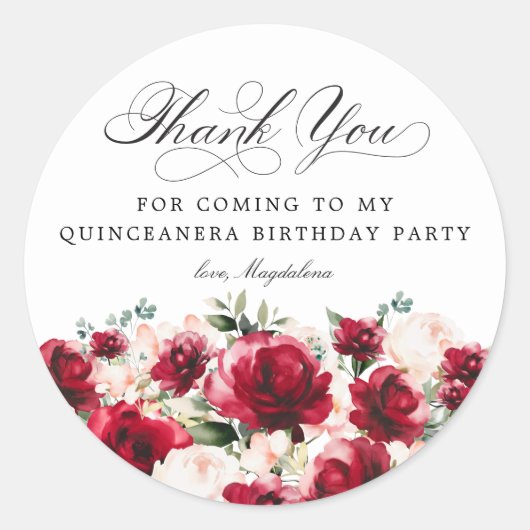Quinceanera Party Rood Roze Bloemen Dank u Ronde Sticker (Voorkant)