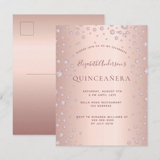 Quinceanera party roos gold diamant uitnodiging (Voorkant / Achterkant)