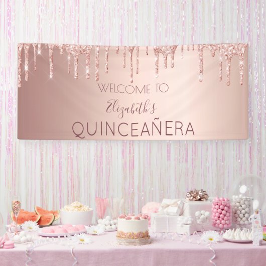 Quinceanera party roos goudglitter drip welkom spandoek (Feest)