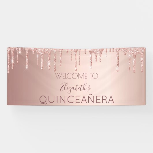 Quinceanera party roos goudglitter drip welkom spandoek (Horizontaal)