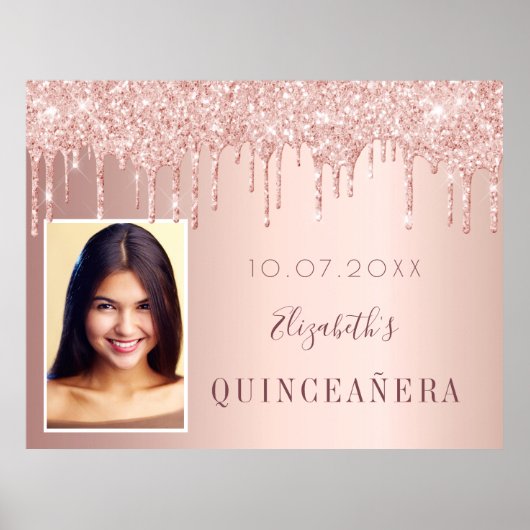 Quinceanera party roos goudglitter druppelt foto poster (Voorkant)