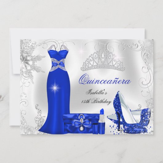 Quinceanera Party Royal Blue Silver Snowflakes Kaart (Voorkant)