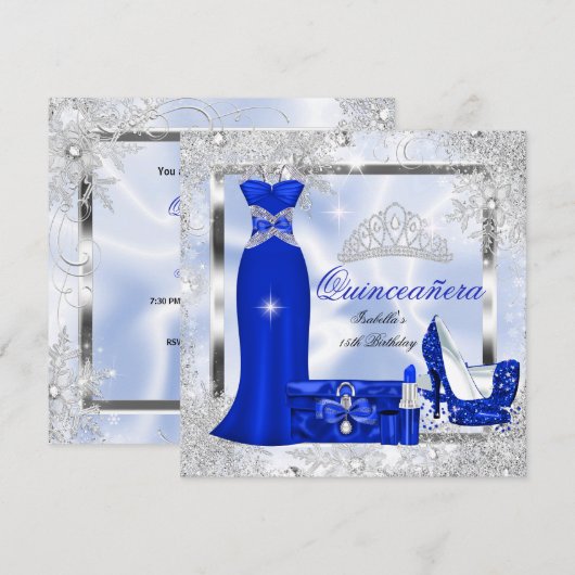 Quinceanera Party Royal Blue Silver Snowflakes S3 Kaart (Voorkant / Achterkant)