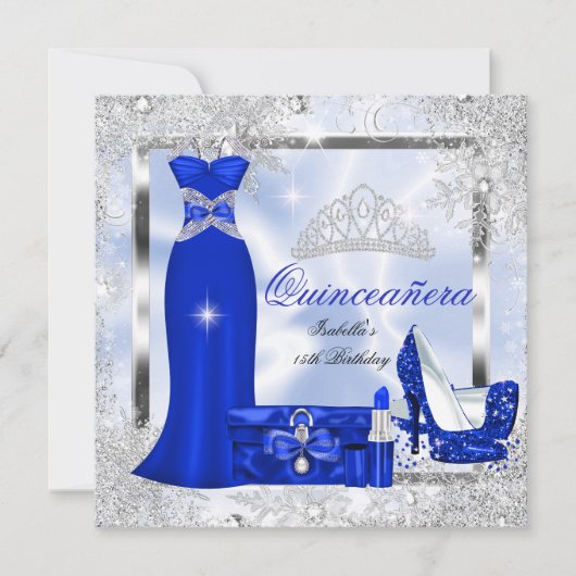 Quinceanera Party Royal Blue Silver Snowflakes S3 Kaart (Voorkant)