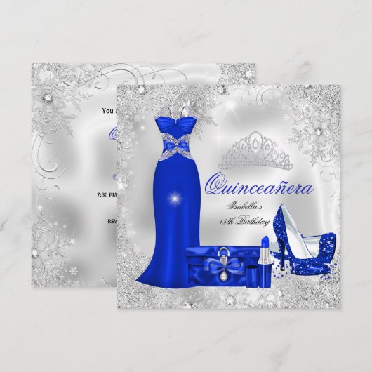 Quinceanera Party Royal Blue Silver Snowflakes S Kaart (Voorkant / Achterkant)