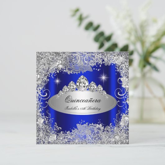 Quinceanera Party Royal Blue Silver Tiara Kaart (Staand voorkant)