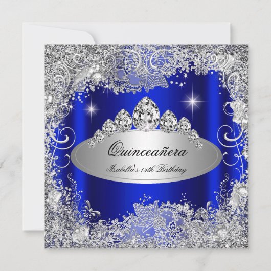 Quinceanera Party Royal Blue Silver Tiara Kaart (Voorkant)