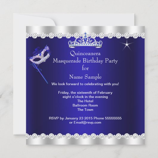 Quinceanera Party Royal Blue Tiara Masquerade Kaart (Achterkant)
