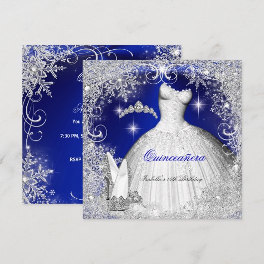 Quinceanera Party Royal Blue Winter Snowflakes Kaart (Voorkant / Achterkant)