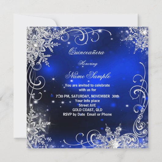 Quinceanera Party Royal Blue Winter Wonderland Kaart (Achterkant)