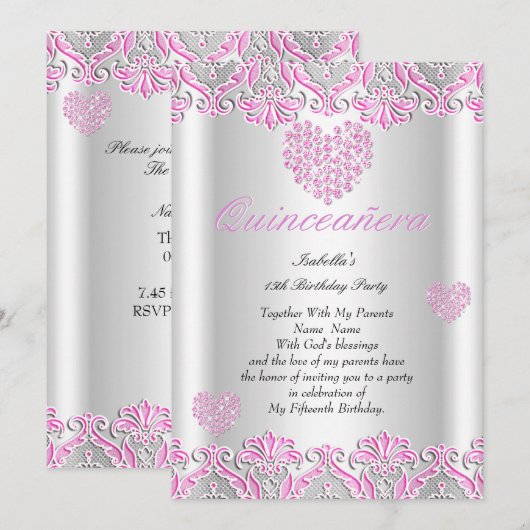 Quinceanera Party roze harten, kant 4 Kaart (Voorkant / Achterkant)