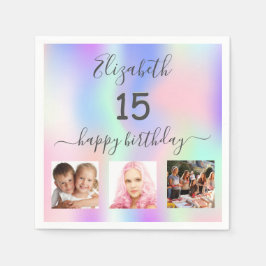 Quinceanera party roze paarse foto holografisch servet