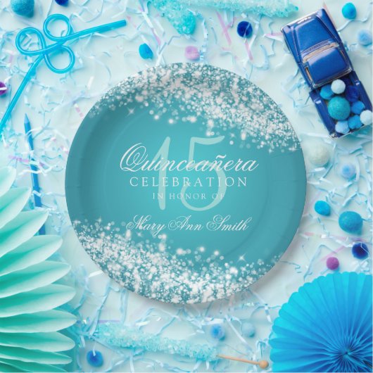 Quinceanera Party Sparging Wave Turquoise Papieren Bordje (Feest)