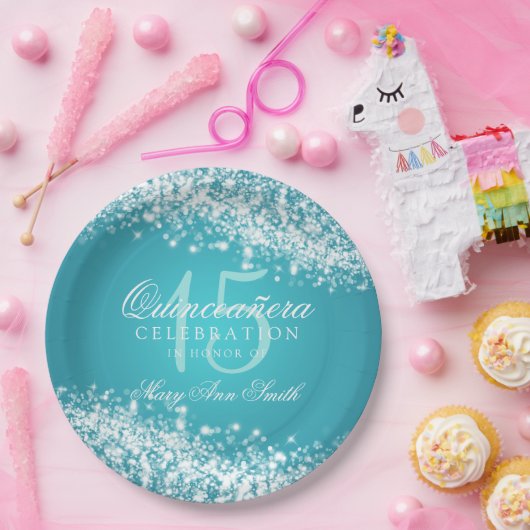 Quinceanera Party Sparging Wave Turquoise Papieren Bordje (Feest)