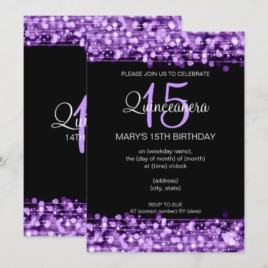 Quinceañera Party sprankelt Paarse Kaart (Voorkant / Achterkant)