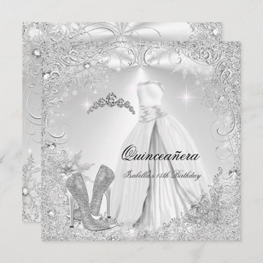 Quinceanera Party White Silver Winter Snowflakes 2 Kaart (Voorkant / Achterkant)