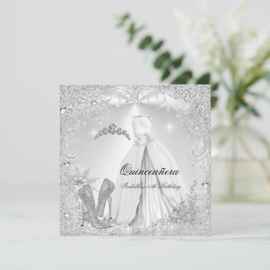 Quinceanera Party White Silver Winter Snowflakes 2 Kaart (Staand voorkant)