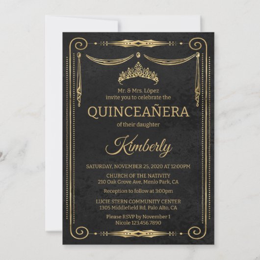 Quinceanera Party With Photo - Black and Gold Kaart (Achterkant)
