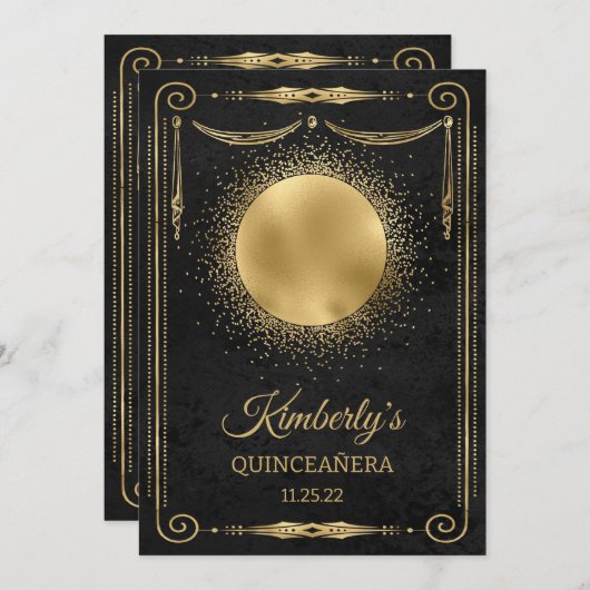 Quinceanera Party With Photo - Black and Gold Kaart (Voorkant / Achterkant)