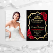 Quinceanera Party with Photo - Black Red Gold Kaart