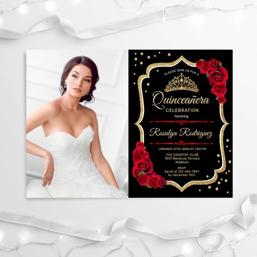 Quinceanera Party with Photo - Black Red Gold Kaart