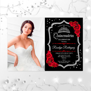 Quinceanera Party with Photo - Black Red Silver Kaart