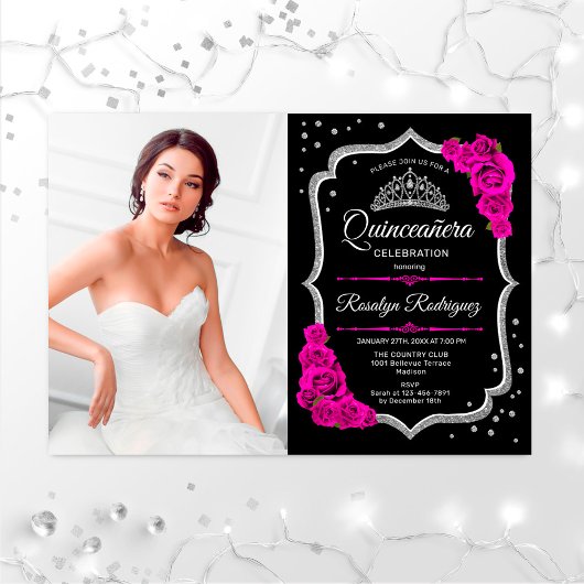 Quinceanera Party with Photo - Black roze zilver Kaart