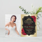 Quinceanera Party with Photo - Gold Black Red Kaart (Staand voorkant)